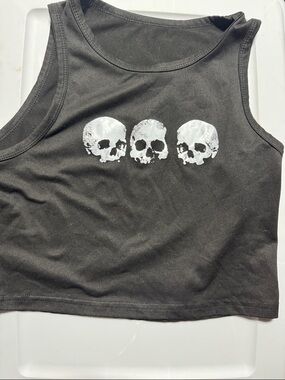 Black Crop Tank with White Skull Trio Graphic